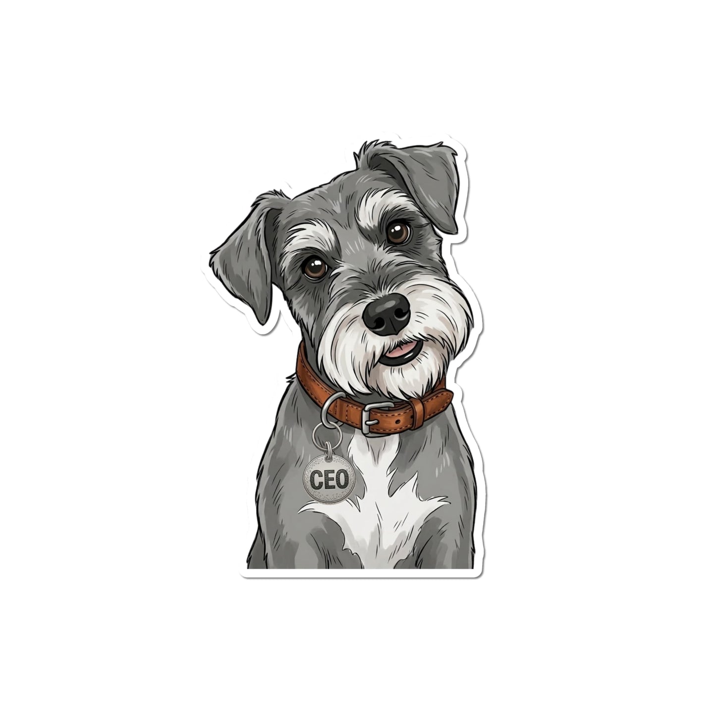 Cute Schnauzer sticker featuring a gray and white salt-and-pepper Schnauzer with a brown leather collar and round silver CEO tag.