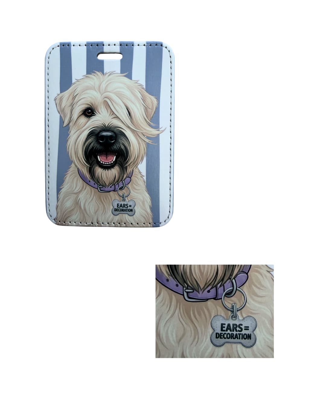 Cute wheaten terrier luggage tag close-up; Detail view of a faux leather luggage tag showing a fluffy honey-colored Wheaten Terrier with a purple collar and bone-shaped Ears Equal Decoration charm, vertical light blue and white stripes.
