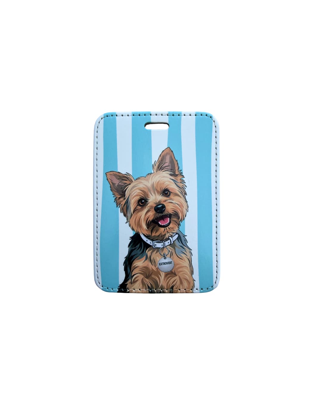 Cute Yorkie luggage tag; Fun faux leather luggage tag featuring a tan and black Yorkshire Terrier with a white collar and Extrovert charm, vertical light blue and white stripes, white background.