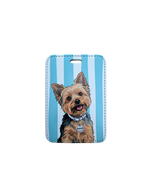 Cute Yorkie luggage tag; Fun faux leather luggage tag featuring a tan and black Yorkshire Terrier with a white collar and Extrovert charm, vertical light blue and white stripes, white background.