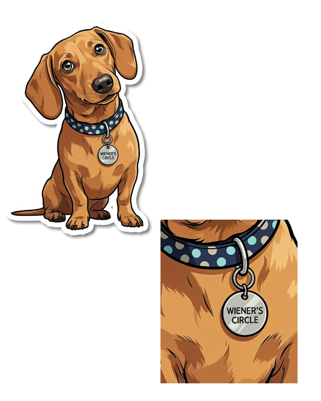 dachshund wieners circle sticker funny dog humor close-up of dog collar tag on dachshund illustration