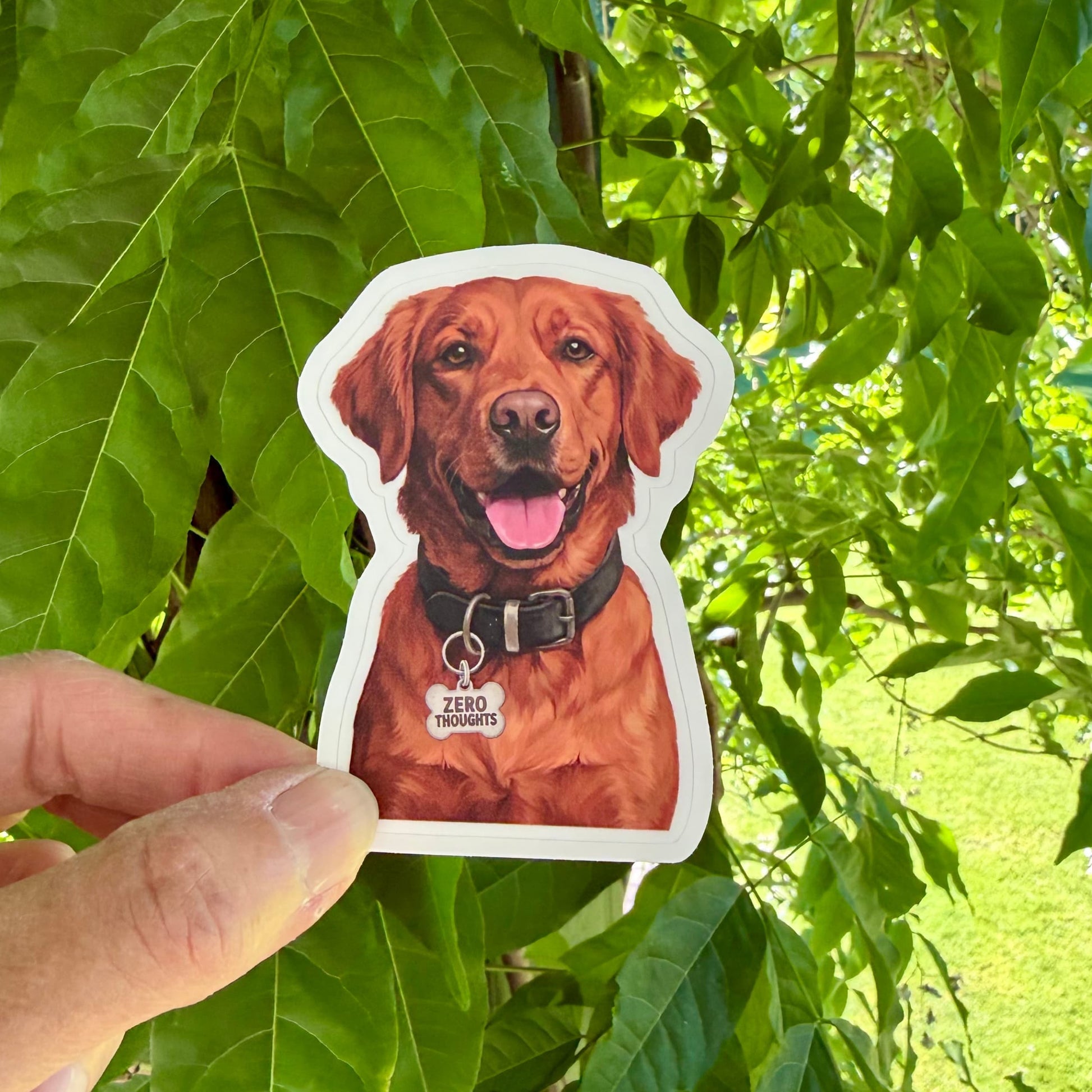 Dark Golden Retriever sticker held in one hand against leafy green trees, showing the illustrated red-gold retriever portrait and white kiss-cut border.