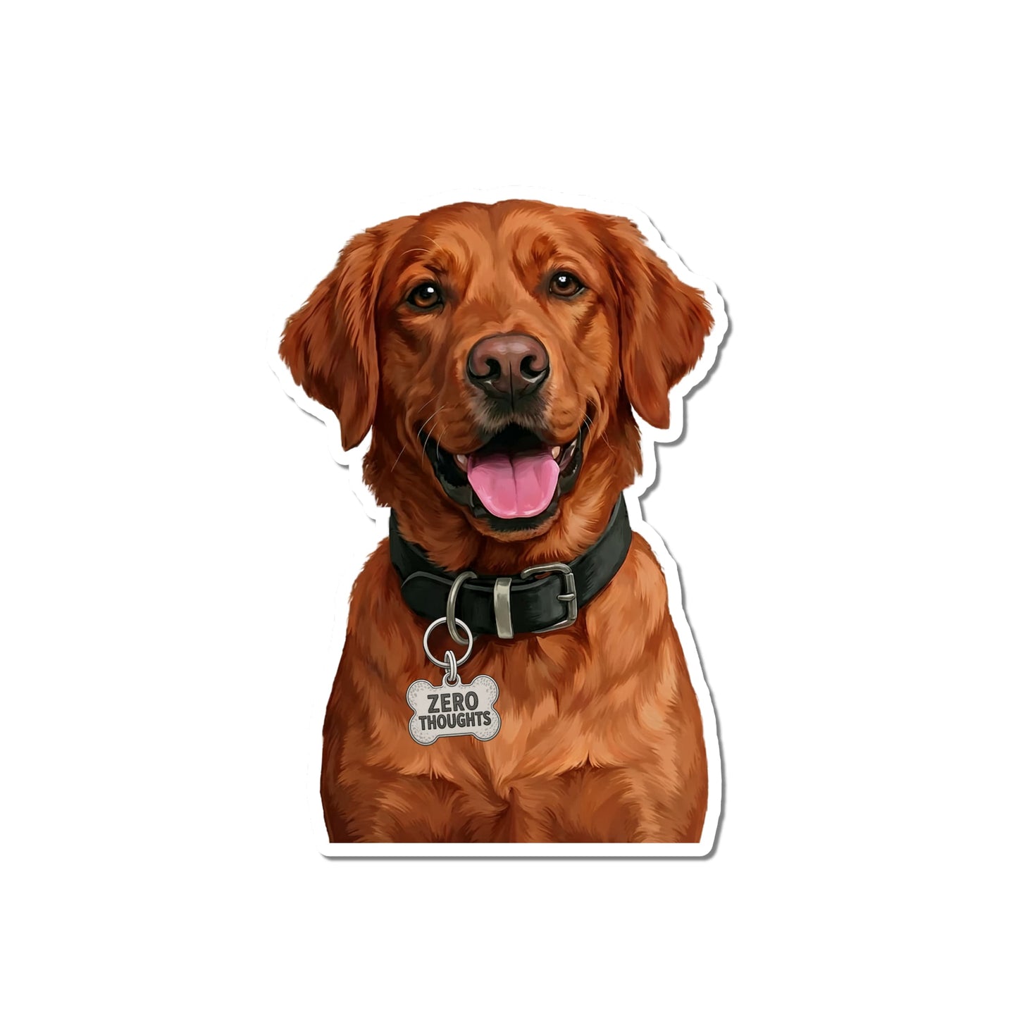 Dark Golden Retriever sticker showing an illustrated red-gold retriever with a black collar and bone-shaped ZERO THOUGHTS charm.