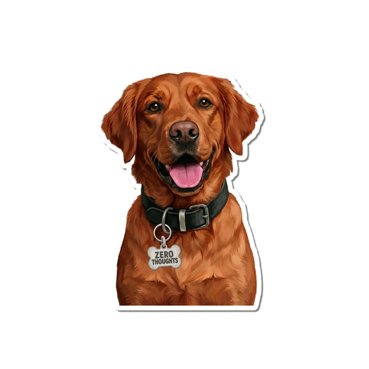 Dark Golden Retriever sticker showing an illustrated red-gold retriever with a black collar and bone-shaped ZERO THOUGHTS charm.