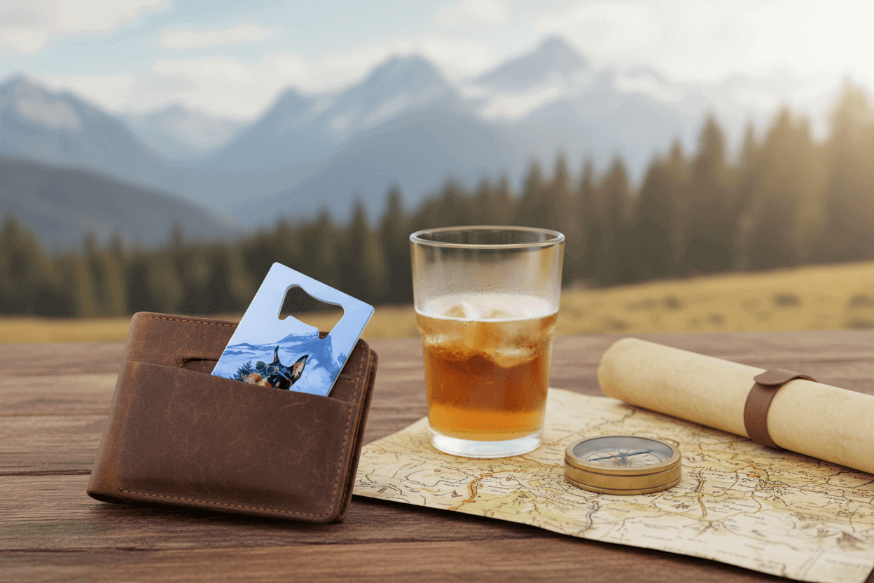 Brown leather wallet with doberman bottle opener, glass of iced tea, map, and compass on a wooden table with mountain background