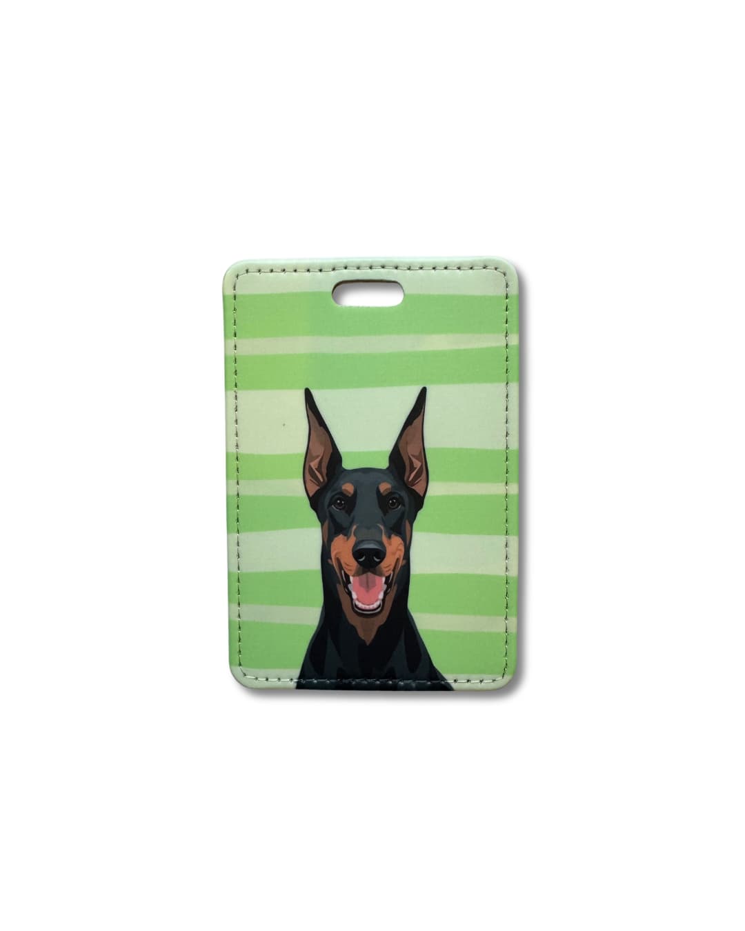 doberman pinscher travel tag; green striped background with illustrated doberman with ears up