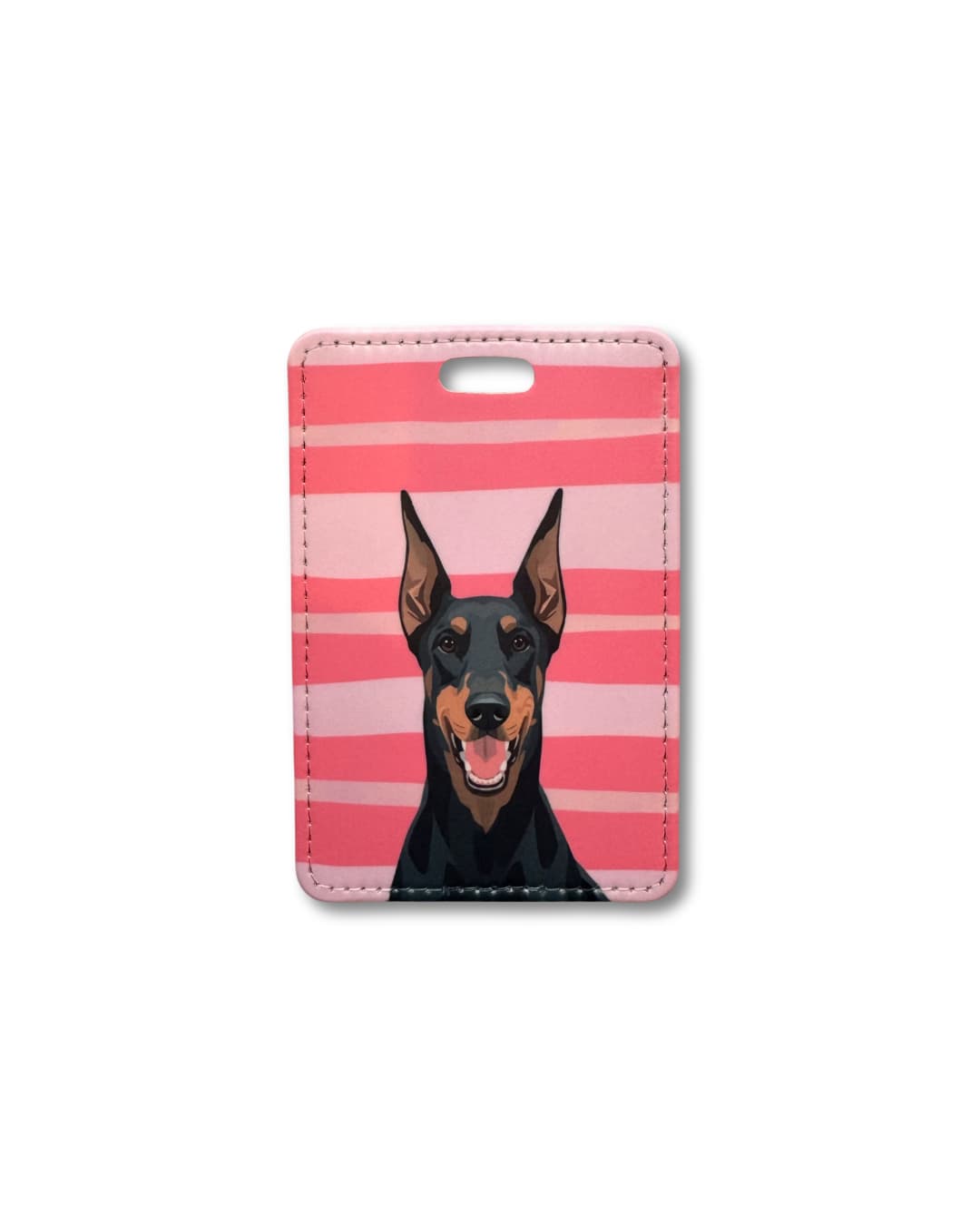 doberman pinscher travel tag; pink striped background with illustrated doberman with ears up