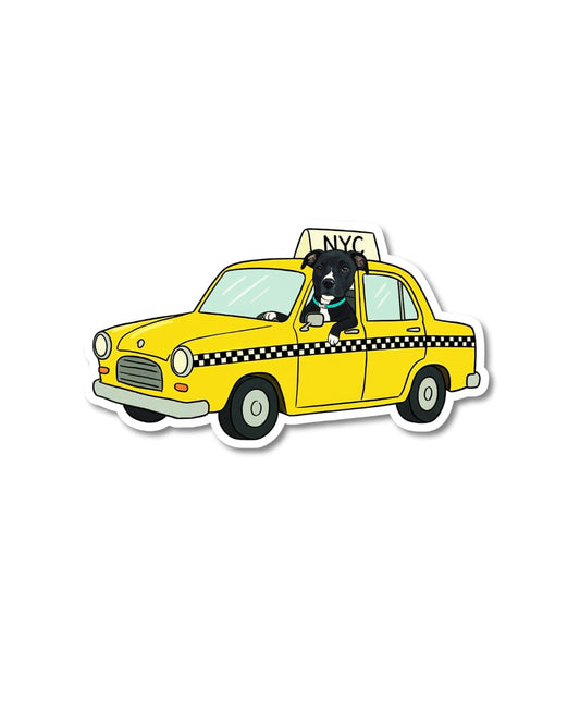 dog in the city sticker funny pitbull mix dog humor dog riding in yellow taxi illustration