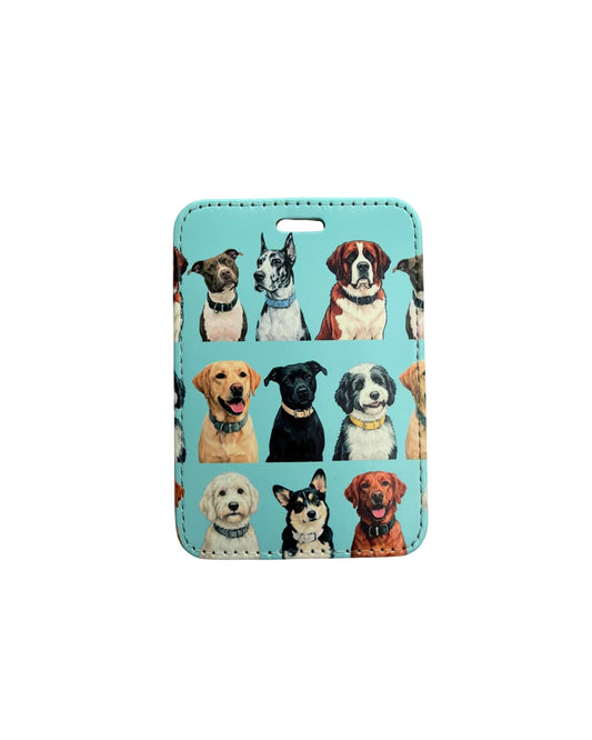 Dog lover luggage tag teal; faux leather suitcase tag featuring a grid of illustrated dog breeds including Pit Bull, Great Dane, Saint Bernard, Labrador, Doodle and Golden Retriever on a teal background.