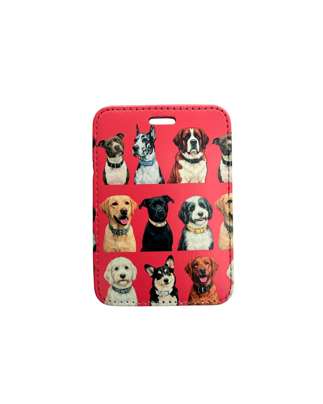Dog lover luggage tag red; faux leather suitcase tag featuring a grid of illustrated dog breeds including Pit Bull, Great Dane, Saint Bernard, Labrador, Doodle and Golden Retriever on a red background.