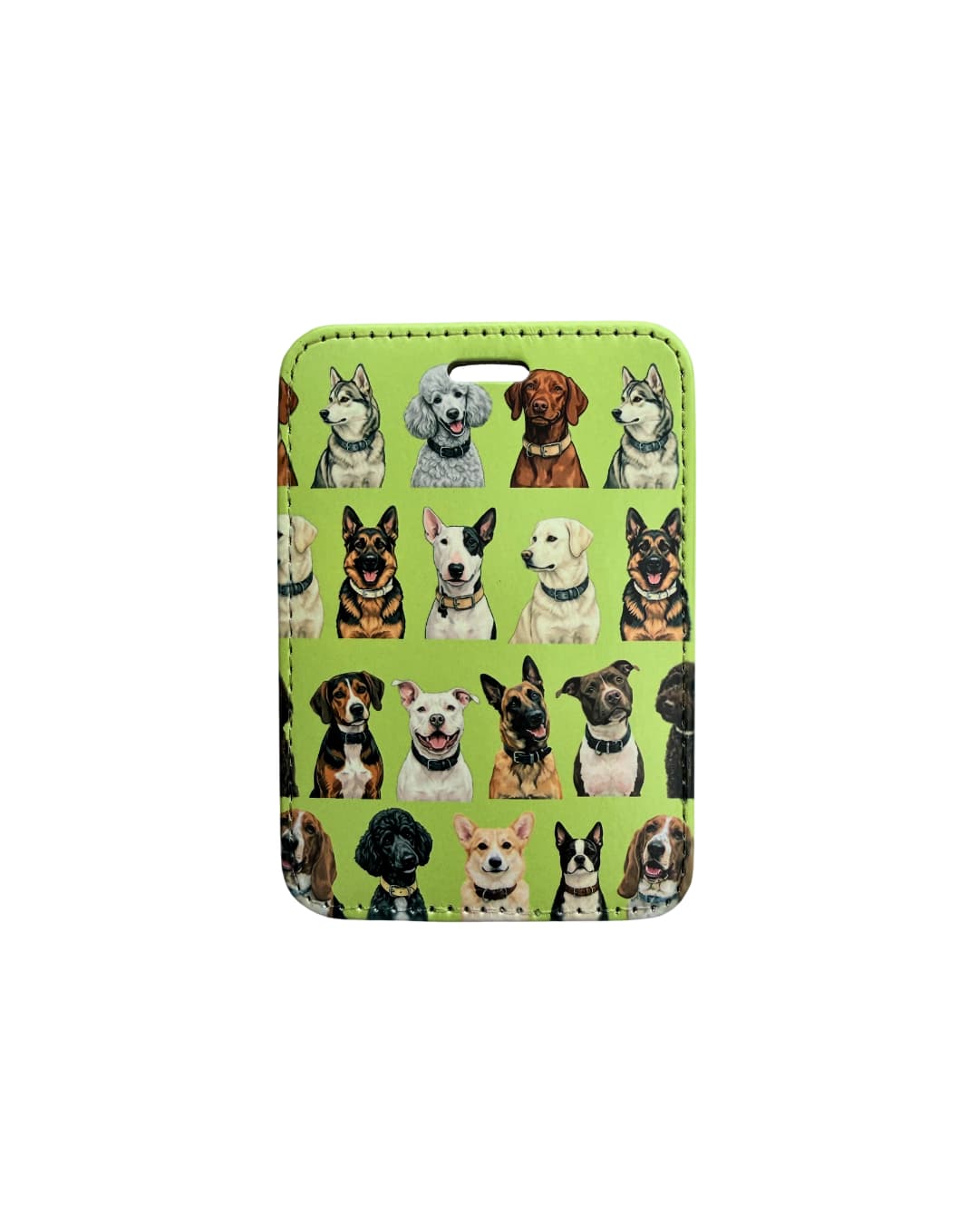 Dog lover travel gift green; faux leather luggage tag in green featuring a grid of 13 illustrated dog breeds including Husky, Poodle, Vizsla, German Shepherd, Bull Terrier, Corgi, Boston Terrier and Basset Hound.