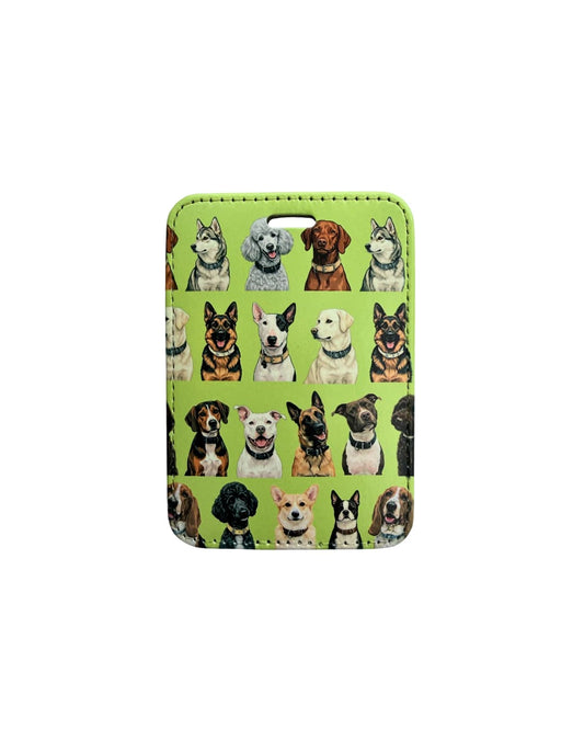 Dog lover travel gift green; faux leather luggage tag in green featuring a grid of 13 illustrated dog breeds including Husky, Poodle, Vizsla, German Shepherd, Bull Terrier, Corgi, Boston Terrier and Basset Hound.