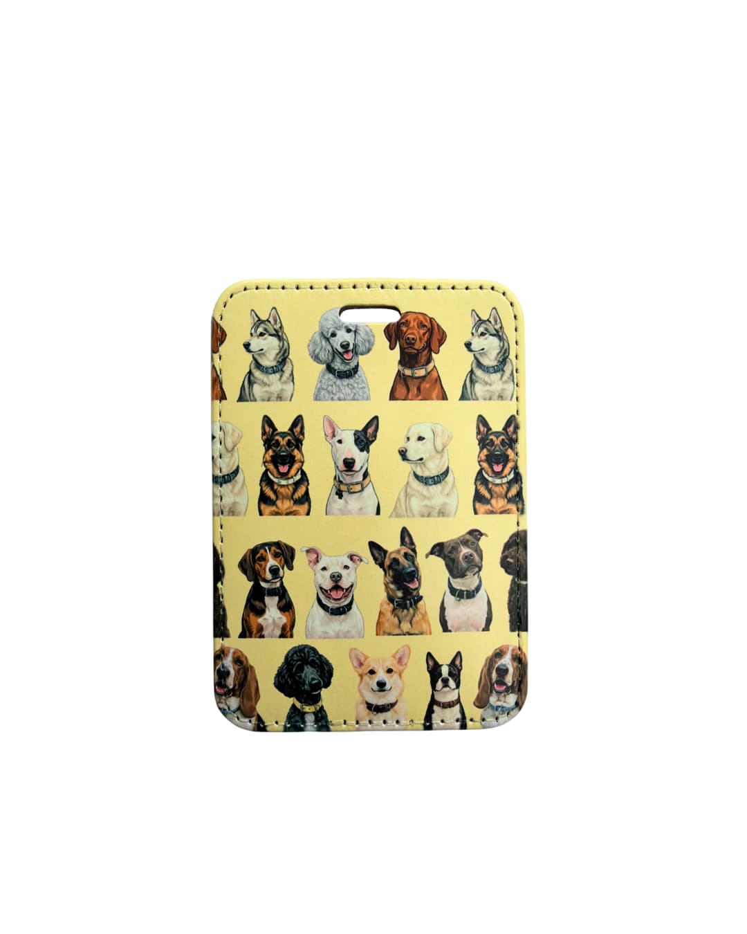  Dog lover travel gift pale yellow; faux leather luggage tag in pale yellow featuring a grid of 13 illustrated dog breeds including Husky, Poodle, Vizsla, German Shepherd, Bull Terrier, Corgi, Boston Terrier and Basset Hound.