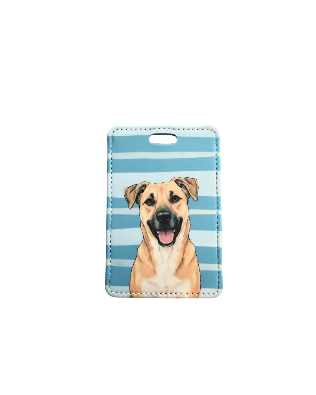 Dog luggage tag featuring a Black Mouth Cur illustration on a blue stripe background