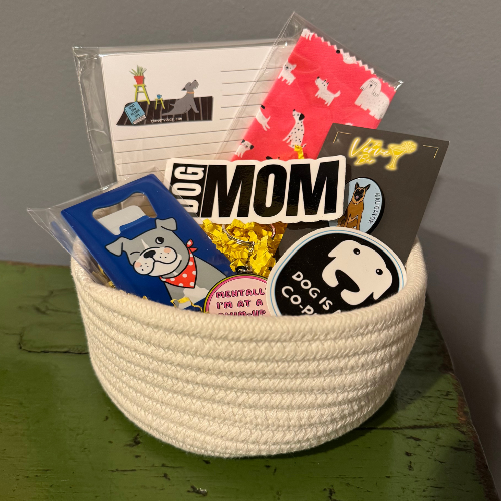 Build your own dog mom gift basket filled with custom's choice of designs for several products including bottle opener, notepad, stickers, keychain