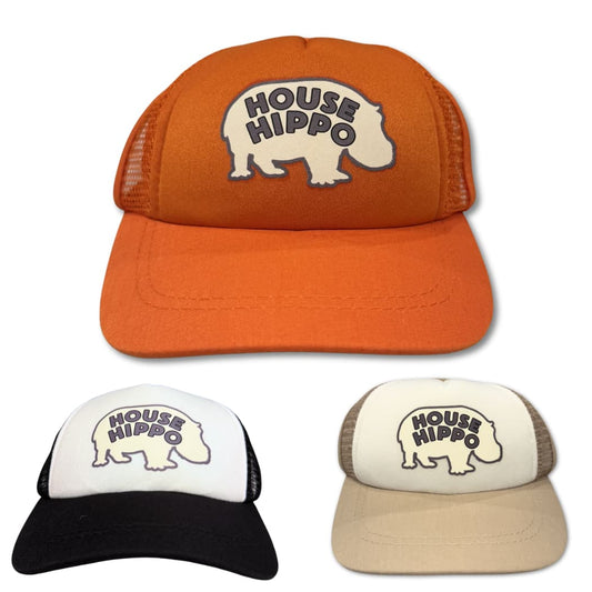 Dog trucker hat for dogs with House Hippo graphic shown in orange, black, and tan Pup Lid dog hats
