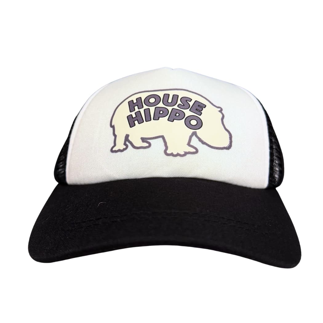 Dog trucker hat for dogs with House Hippo graphic on black Pup Lid dog hat