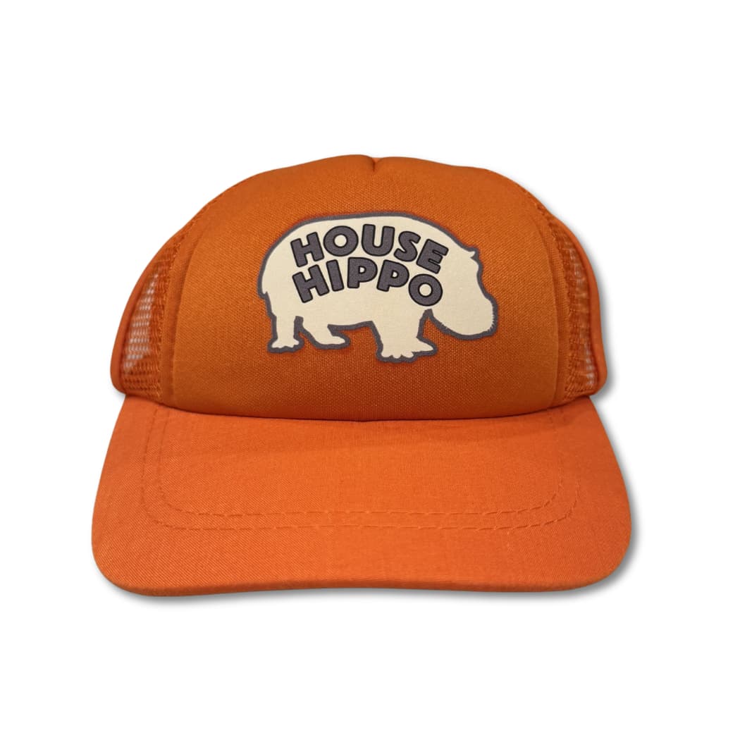 Dog trucker hat for dogs with House Hippo graphic on bright orange Pup Lid dog hat