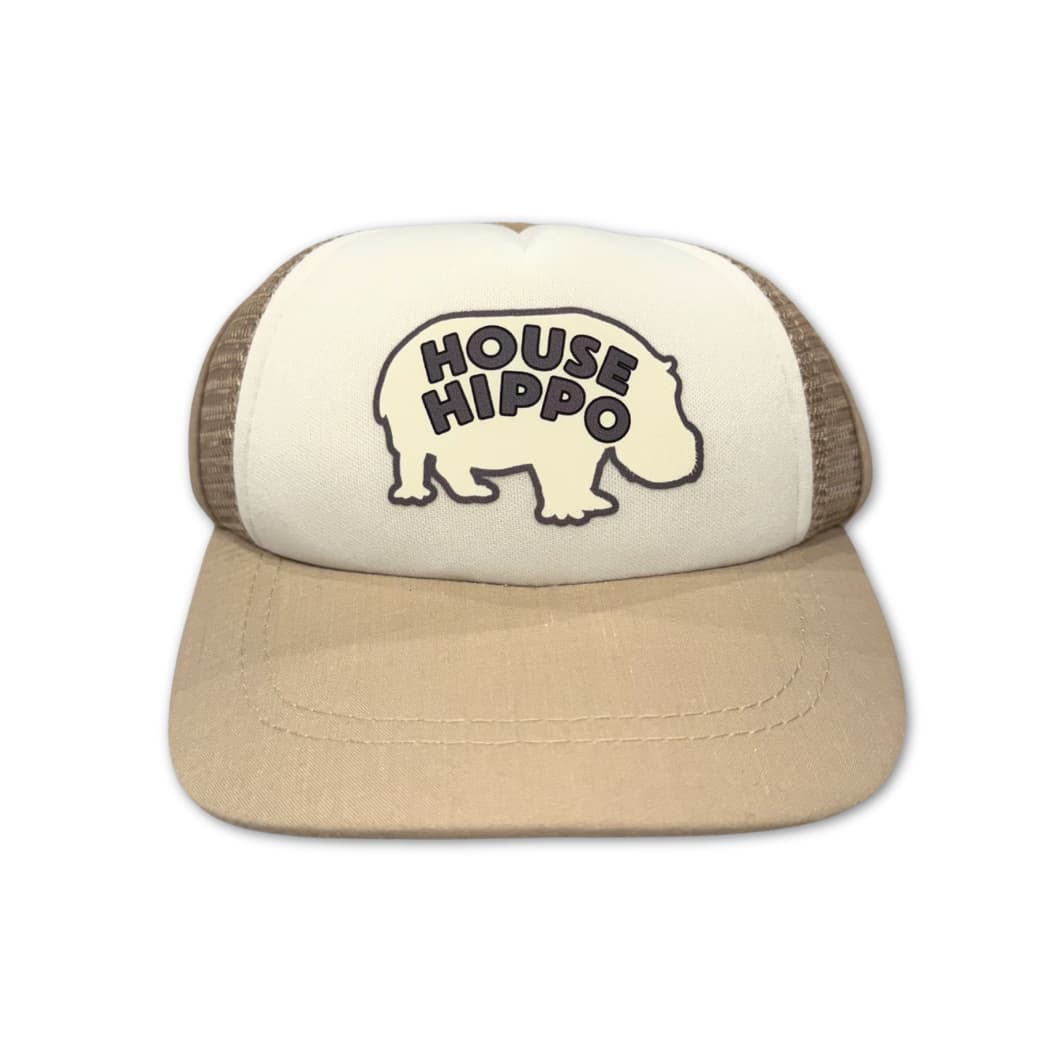 Dog trucker hat for dogs with House Hippo graphic on tan and khaki Pup Lid dog hat