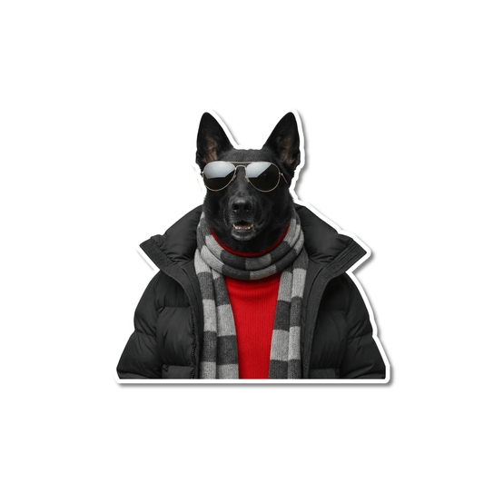 Black Dutch Shepherd sticker. Dog wearing aviator sunglasses, a navy blue puffer jacket, and a striped scarf 