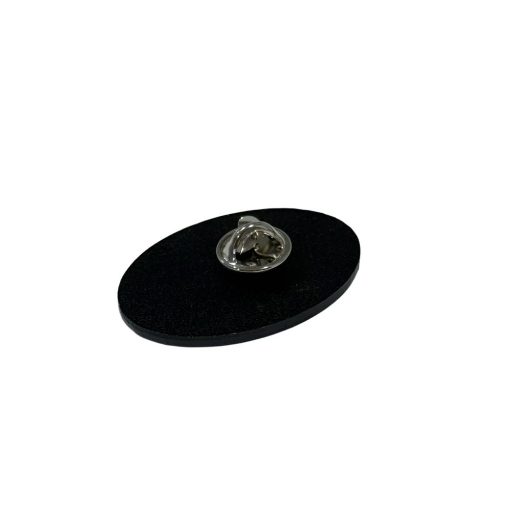 Backside of funny Siberian husky dog pin shows the pin clasp.