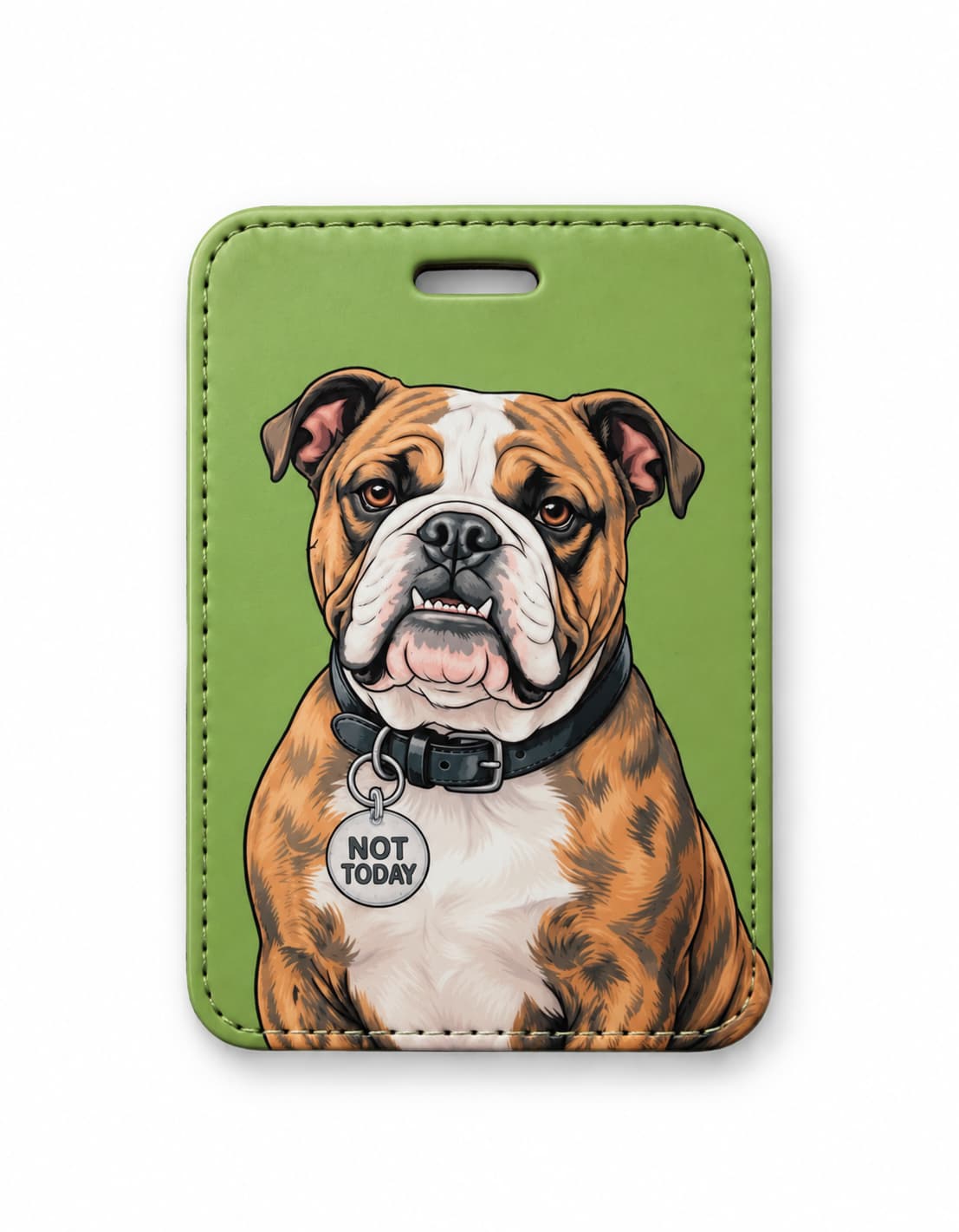 English Bulldog luggage tag, fawn brindle and white bulldog on lime green background, round charm reads NOT TODAY