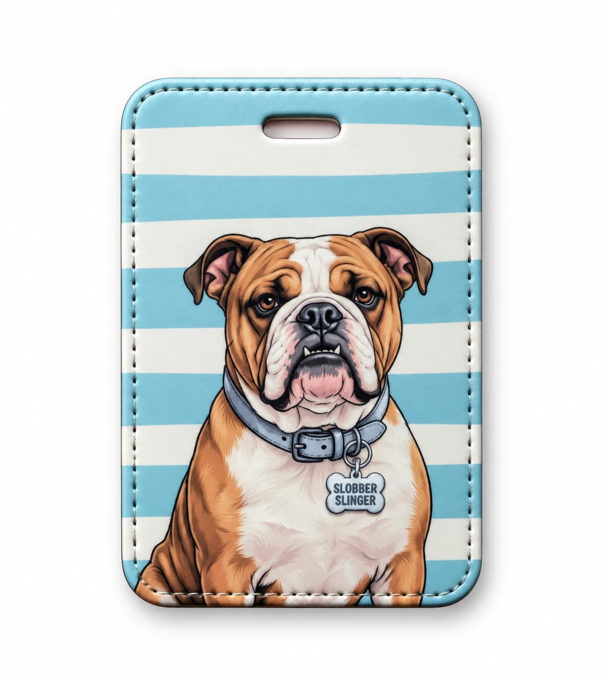English Bulldog luggage tag, fawn and white bulldog on light blue and white stripes, bone charm reads SLOBBER SLINGER