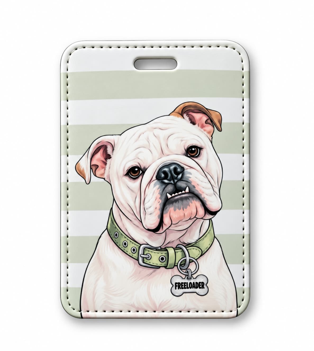 English Bulldog luggage tag, white bulldog with fawn ears on sage green and white stripes, bone charm reads FREELOADER