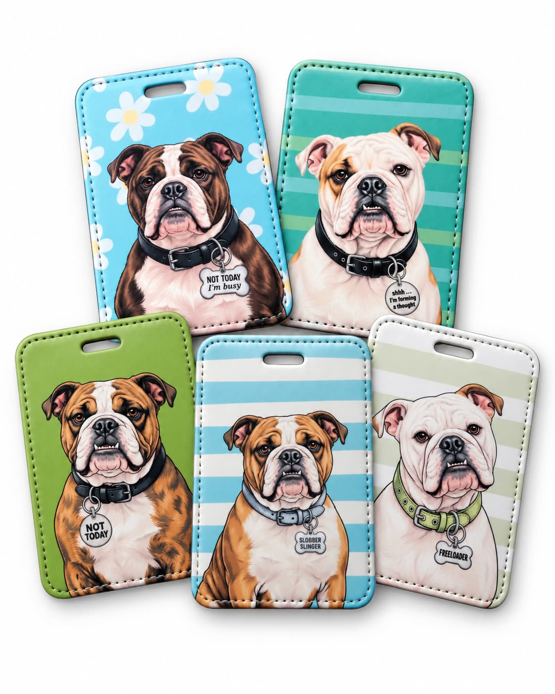 Five English Bulldog luggage tags: dark brindle on blue daisies, white with fawn eye patch on teal, fawn brindle on lime green, fawn on blue stripes, white on sage stripes