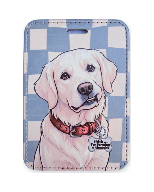 English cream golden retriever tag, red collar, "Shhh... I'm Forming a Thought" charm, blue checks, by Sly Dawg Studio