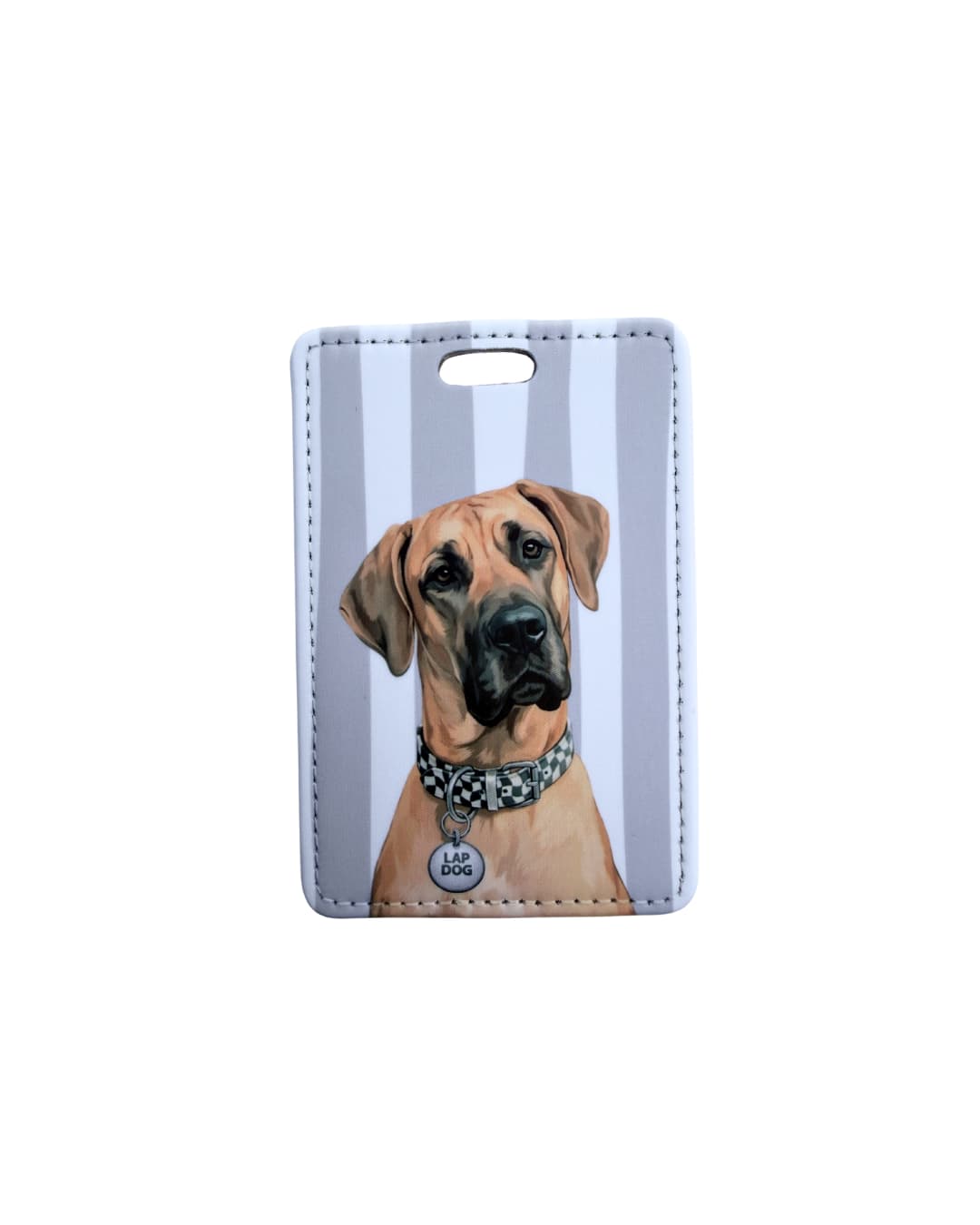 fawn great dane luggage tag flat lay showing fawn Great Dane with black mask and LAP DOG collar tag on gray and white striped faux leather travel tag
