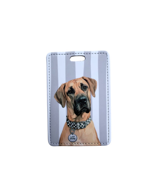fawn great dane luggage tag flat lay showing fawn Great Dane with black mask and LAP DOG collar tag on gray and white striped faux leather travel tag