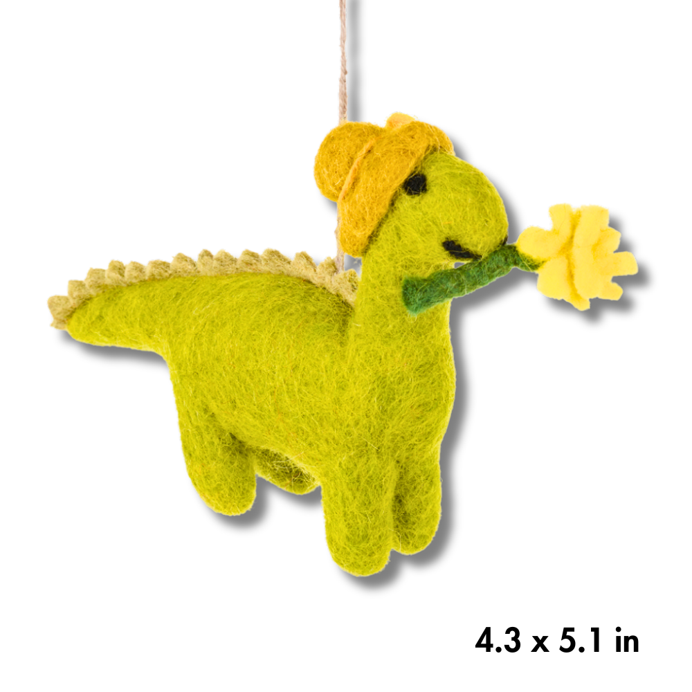 Cute green felt dinosaur ornament; green dino wearing a yellow hat The dino has a yellow flower in her mouth. Size info on bottom. 