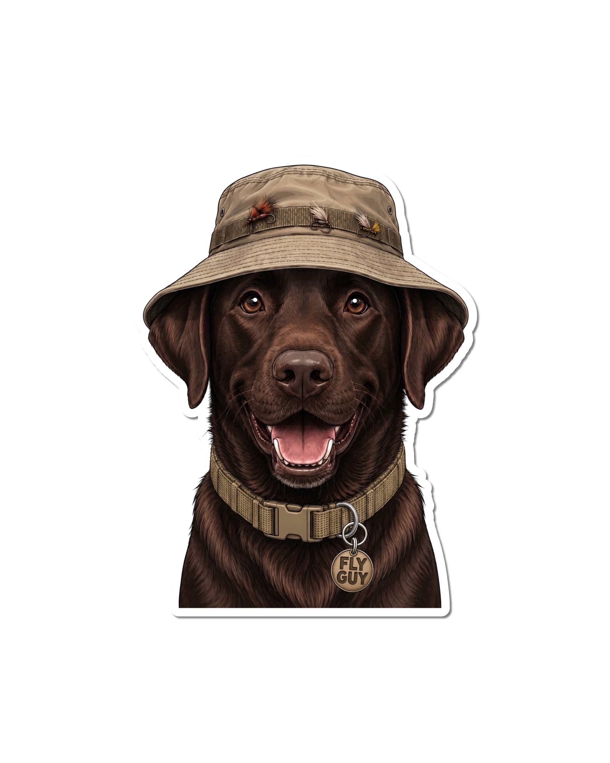 Illustrated Chocolate Lab wearing a fishing hat with Fly Guy collar tag, 3-inch matte kiss cut sticker on white background.