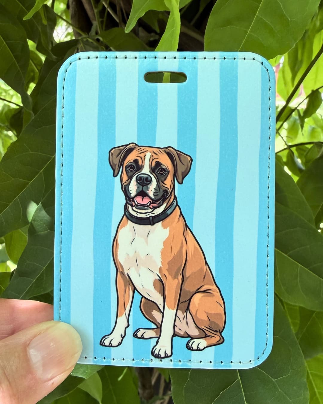 floppy ear boxer luggage tag; illustration of boxer on blue vertical stripes being held in front of green foliage.