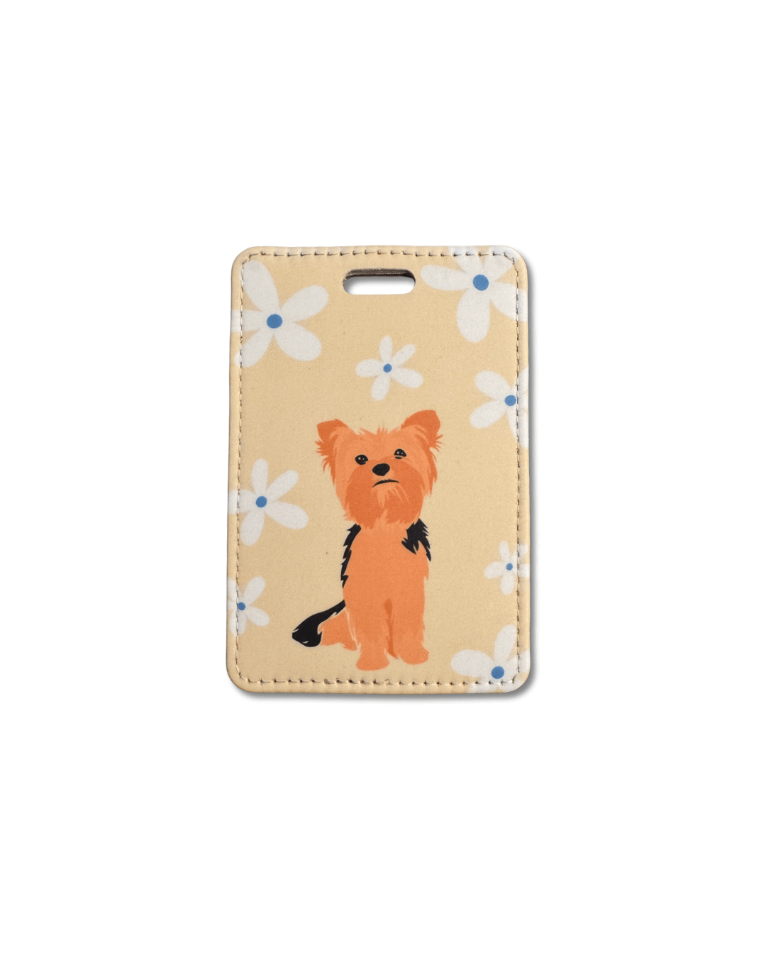 Yorkie luggage tag with a dog illustration on a floral background