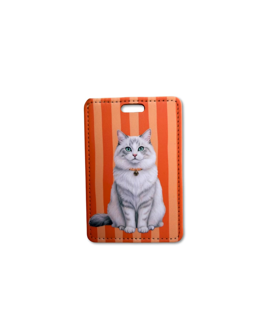 fluffy cat luggage tag featuring a white fluffy cat with green eyes on an orange striped background