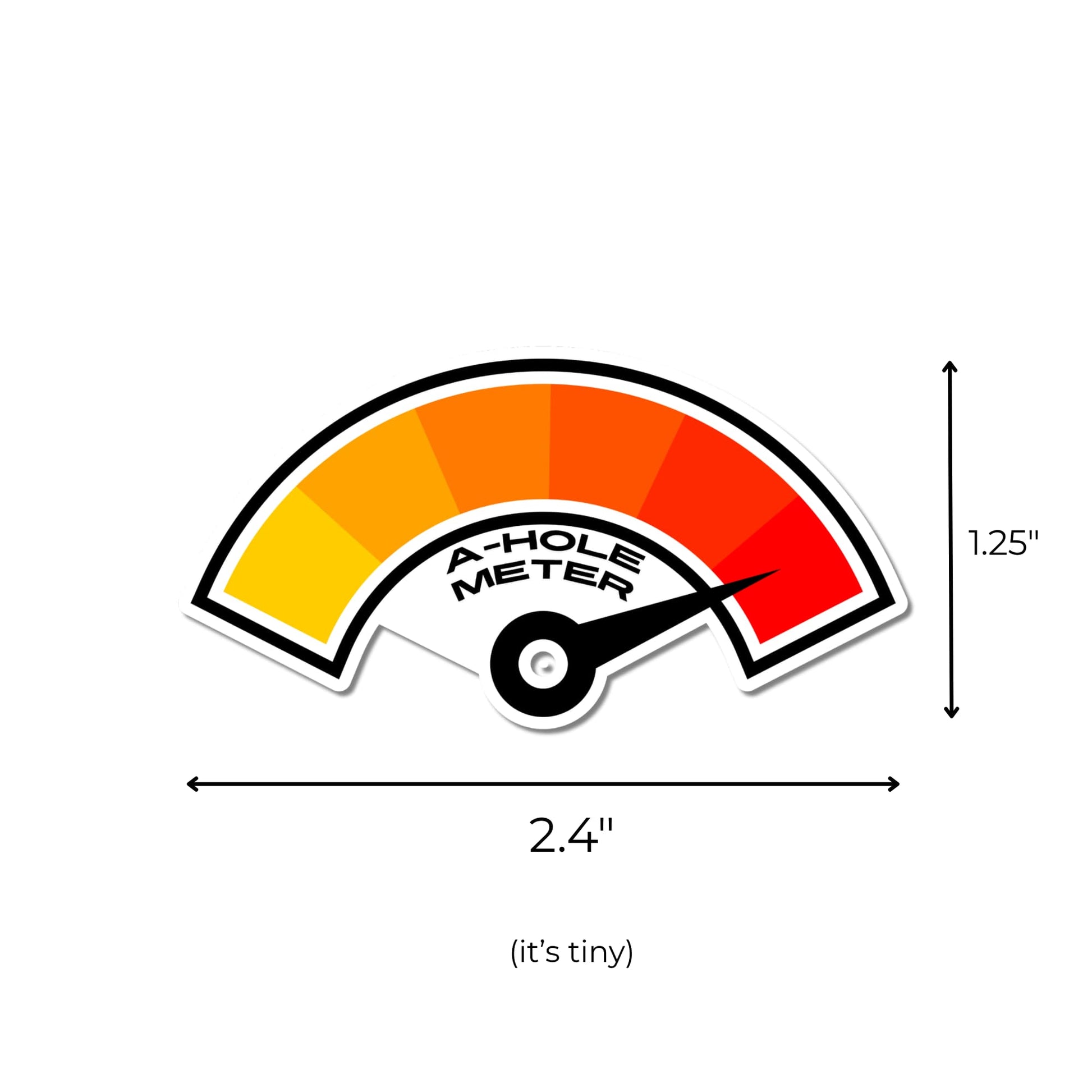 Funny attitude gauge sticker shown with measurement arrows indicating a width of 2.4 inches and height of 1.25 inches.