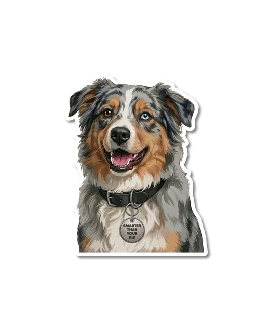 funny Australian shepherd sticker blue merle Australian shepherd with one blue eye wearing smarter than your kid tag matte vinyl decal