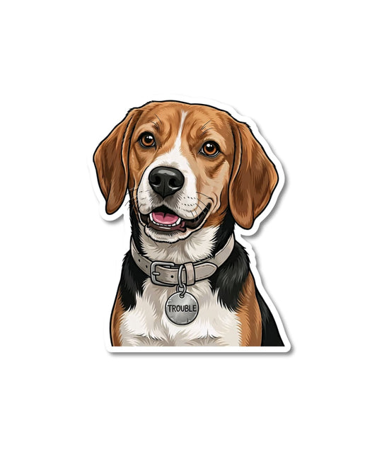 funny beagle sticker beagle dog humor beagle illustration with collar tag reading trouble