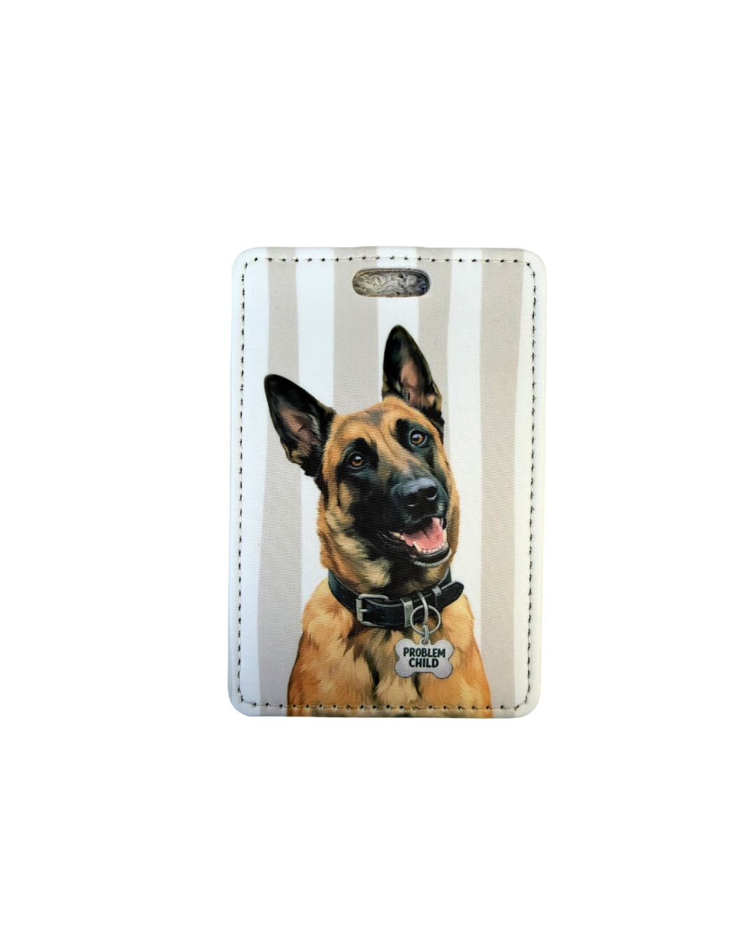 Funny Belgian Malinois luggage tag; Faux leather luggage tag with a smiling Belgian Malinois illustration wearing a Problem Child funny bone charm, tan and white vertical stripes, white background.