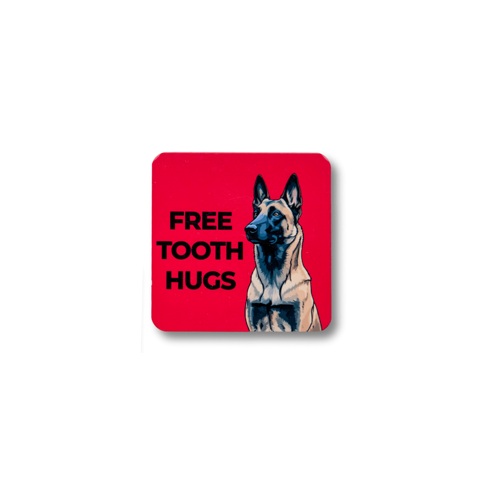 Red square Belgian Malinois magnet; dog illustration and 'FREE TOOTH HUGS' text on a white background