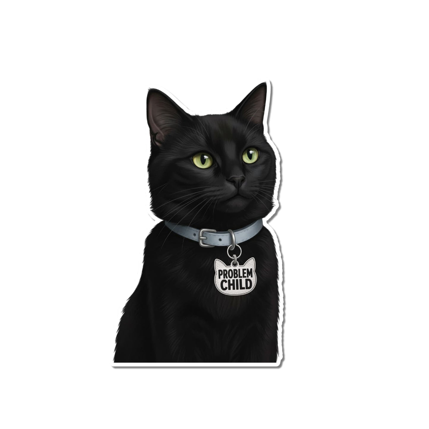 Funny black cat water bottle sticker, kiss-cut matte vinyl, sleek black cat with green eyes, light grey collar and cat-head-shaped Problem Child charm, white contour border.