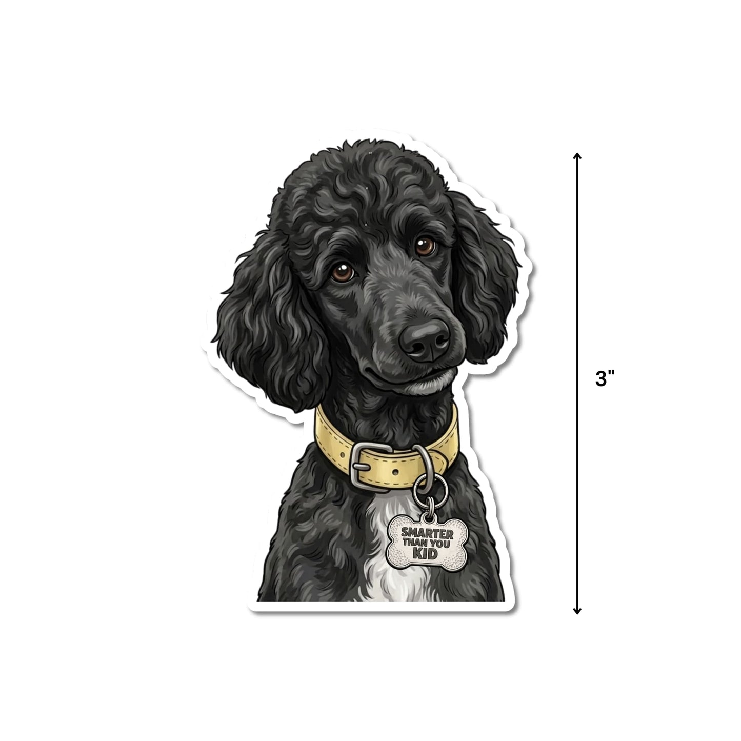 Funny black poodle sticker with 3-inch height measurement shown.