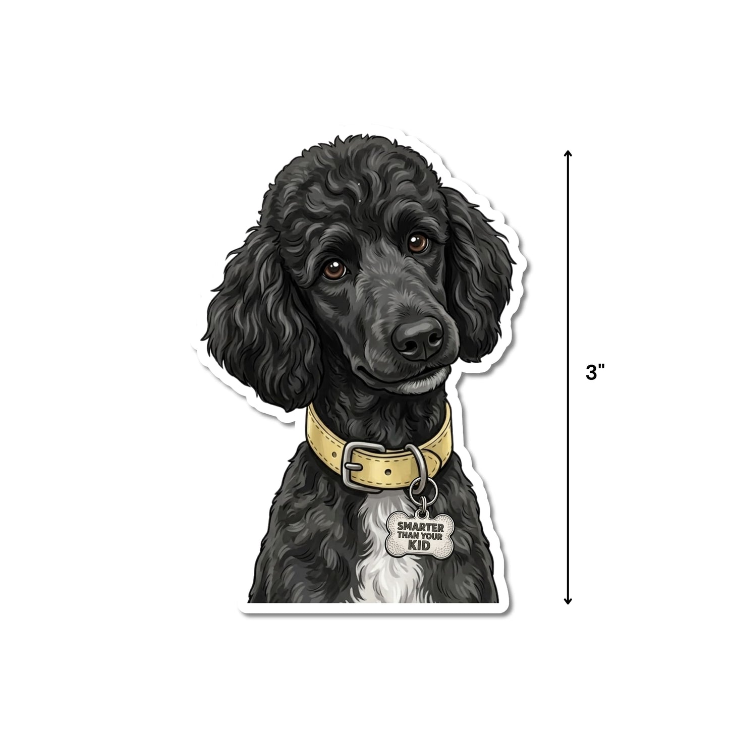 Funny black poodle sticker with 3-inch height measurement shown.