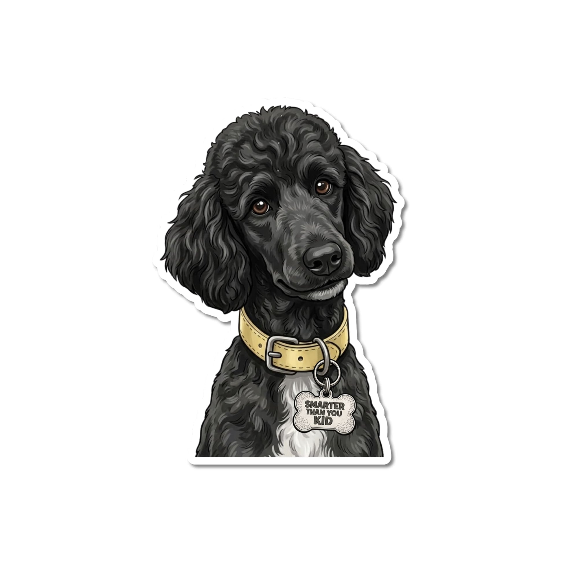 Funny black poodle sticker. Die-cut portrait with brown eyes, white chest patch, pale yellow collar, bone-shaped "SMARTER THAN YOU KID" charm, white contour border.