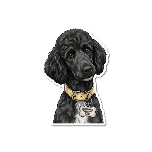 Funny black poodle sticker. Die-cut portrait with brown eyes, white chest patch, pale yellow collar, bone-shaped "SMARTER THAN YOU KID" charm, white contour border.