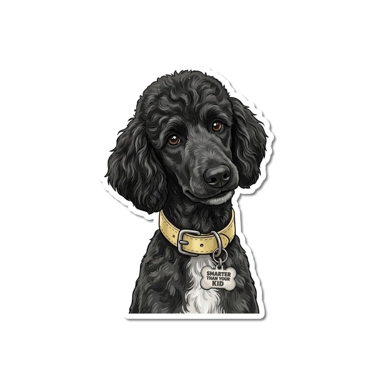 Funny black poodle sticker. Die-cut portrait with brown eyes, white chest patch, pale yellow collar, bone-shaped "SMARTER THAN YOUR KID" charm, white contour border.