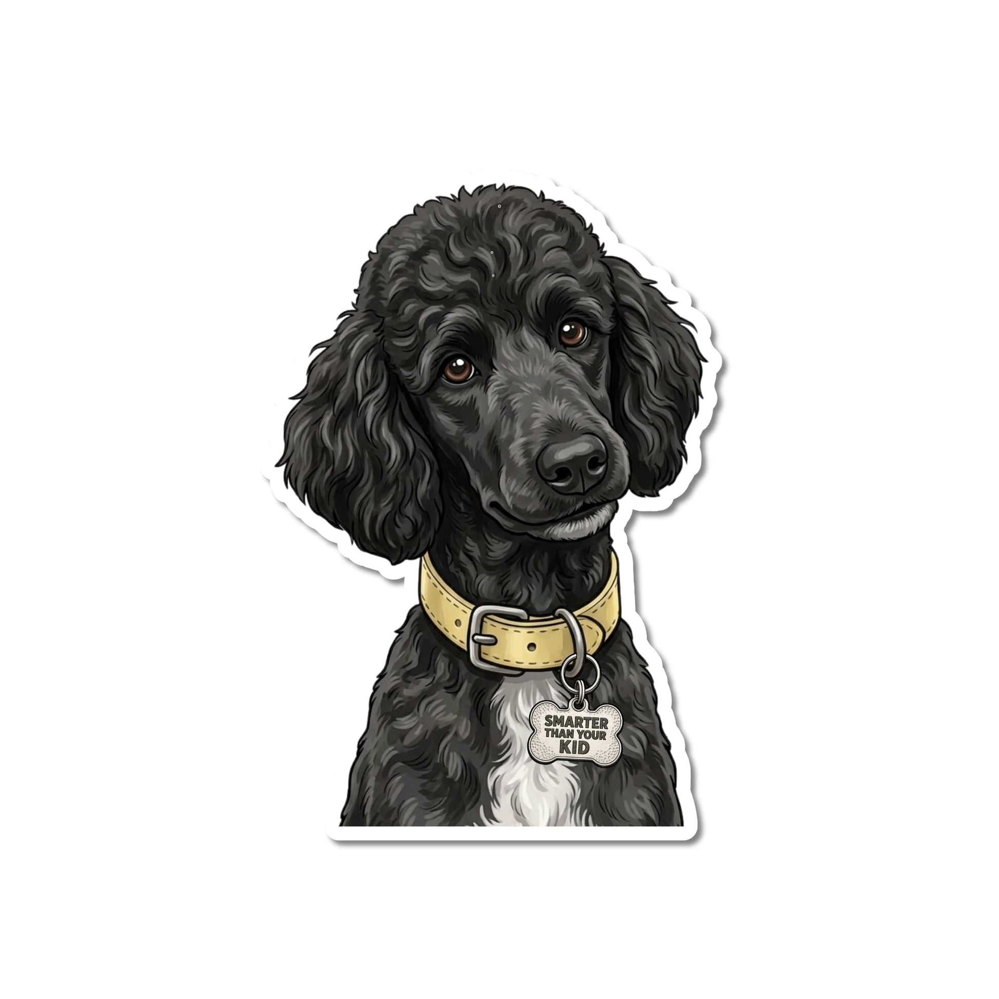 Funny black poodle sticker. Die-cut portrait with brown eyes, white chest patch, pale yellow collar, bone-shaped "SMARTER THAN YOUR KID" charm, white contour border.