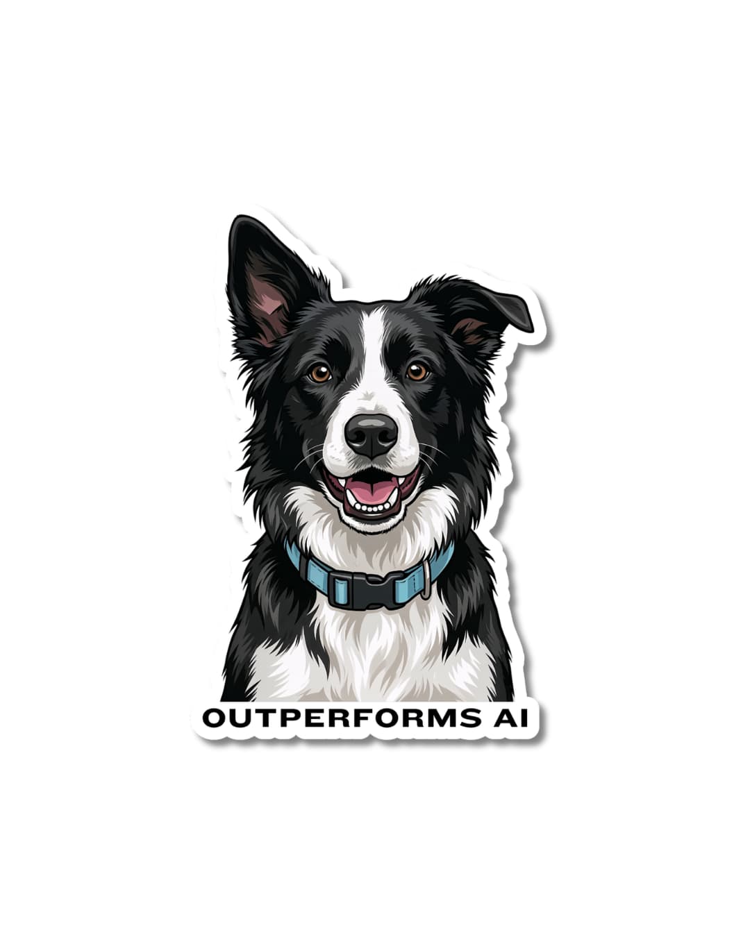 Funny border collie sticker; illustrated dog with caption "outperforms AI"